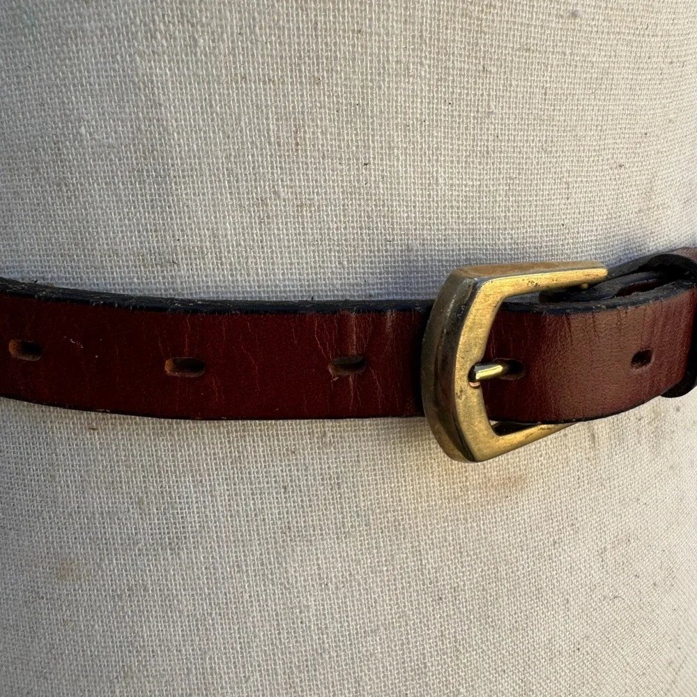 Lyntone Vintage Brown Top Grain Cowhide Leather Skinny Belt Brass Buckle Size 32
